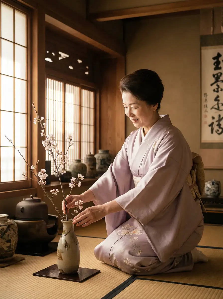 一位优雅的 365Bet平台 在和室中插花